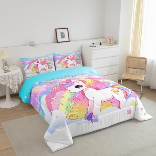 Manfei Cute Unicorn Kids Comforter Set Full Size,Rainbow Stars Cloud Dreamy Bedding Set,Girls Women Room Decor,Cartoon Animals Castle Girly Down Comforter,Pink Blue Unique Duvet Insert,2 Pillowcases