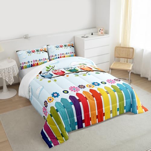 Manfei Owls Comforter Set King Size, Cartoon Birds Print Quilt Set with 2 Pillowcases, Colorful Flower Bedding Set 3pcs for Kids Boys Girls Bedroom Decor, Rainbow Plank Print Duvet Set