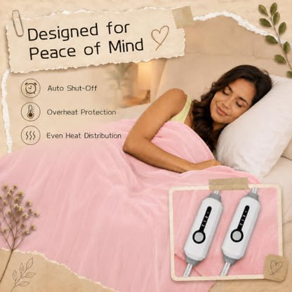 ReyyNio Electric Heated Blanket Queen Size 84"x90", Dual Controllers, Pink
