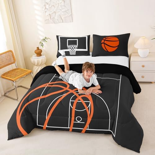 Castle Fairy Basketball Court Print Comforter Set for Kids Boys,Ball Sports Games Themed All Season Cozy Bedding Set Twin Size,Orange Basketball and Hoop Quilt Set Home Decor,Children Birthday Gift