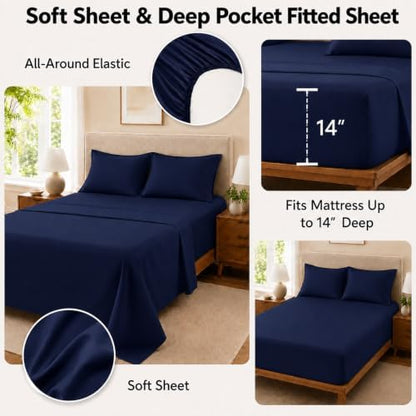 Queen Comforter Set with Sheets Navy Blue, 7 Pieces Bed in a Bag