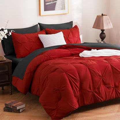 DOWNCOOL Queen Comforter Set, 7 Pieces Red and Black Bed in a Bag