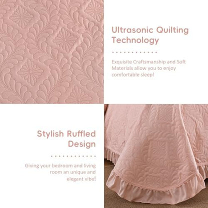 DJY Queen Size Quilt Sets, Ruffled Bedding Set, Blush Pink