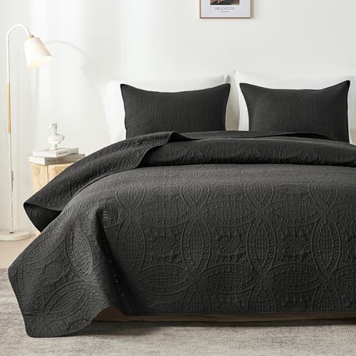 akkialla King Quilt Bedding Set,Black Ultrasonic King/Cal King Quilt Set,Lightweight Soft Bedspread Coverlet,Modern Style Coin Pattern Bed Cover for All Seasons,3 Piece(1 Quilt,2 Pillow Shams)