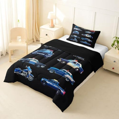 Feelyou Police Car Comforter Set Toddler Size Cartoon Car Bedding Set for Kids Boys Girls Policeman Vehicle Duvet Quilt Bedroom Decor Microfiber 2 Pcs with 1 Pillow Case
