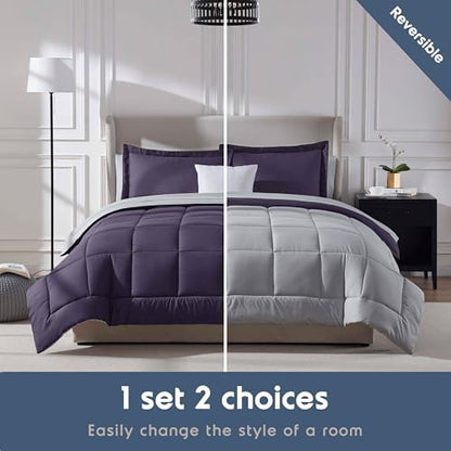 Nestl 9 Piece Full Comforter Set – Purple Reversible Bed in a Bag – Complete Full Size Bedding Set with Sheets, Set of 2 Down Alternative Pillows, Pillowcases and Shams