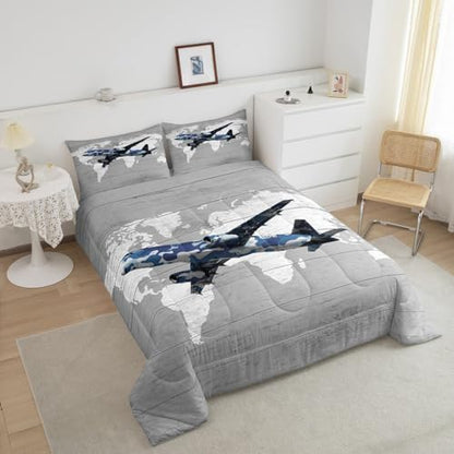 Erosebridal Kids Adult Airplane Comforter Set King Size,Navy Blue Camo Plane Bedding Set for Toddler Boys Girls,Aviation Decor for Home Aircraft Comforter Set Breathable Map Quilt Bed Set 3Pcs