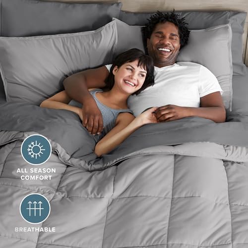 Bare Home Bed-in-A-Bag 7 Piece Comforter & Sheet Set - King - Goose Down Alternative - Ultra-Soft 1800 Premium Bedding Set (King, Light Grey/Grey)
