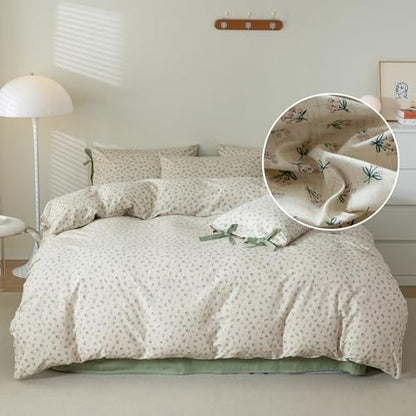 Vintage Style Cotton Duvet Cover Twin 3 Pieces Green Floral Print Duvet Cover Chic Botanical Flower Bedding Sets Cottagecore Floral Comforter Cover Boho Floral Bedding Cover with 2 Bowknot Pillowcases