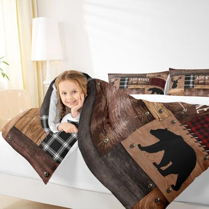Deer Antlers Bear Silhouette Kids Comforter Set Full Size,Old Wooden Plank Plaid Bedding Set for Teens Adults Camper Home Decor,Rustic Adventure Quilt Set Brown Vintage Duvet Insert,2 Pillowcases