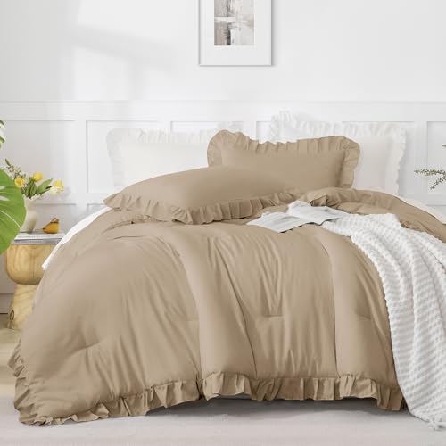 Andency Taupe Ruffle Comforter Twin XL, 2 Pieces Solid Farmhouse Bed