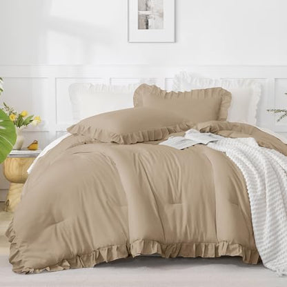 Andency Taupe Ruffle Comforter Twin XL, 2 Pieces Solid Farmhouse Bed