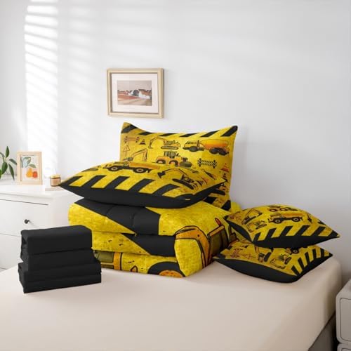 Erosebridal Kids Construction King Size Comforter Set, Boys Cartoon Car 7-Piece Bed in A Bag, Cartoon Machinery Truck Sheets and Pillowcases, Yellow Tractor Excavator Bedding Set Room Decor