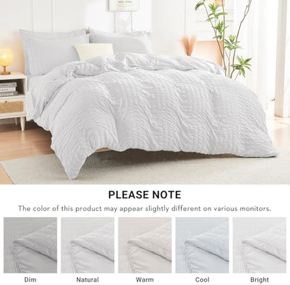 HYMOKEGE White California King Comforter Set Seersucker 7 Pieces, All Season Luxury Bed in a Bag for Bedroom, Bedding Set with Comforters, Sheets, Pillowcases & Shams
