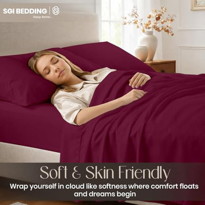 SGI bedding 100% Egyptian Cotton Sheets Queen Size – Cooling Sheets, Soft Breathable Burgundy Bedding, Luxury Bedding, Luxury Hotel Sheet Set, Deep Pocket 16", 4 Piece Set