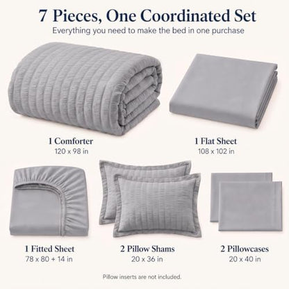 CozyLux Oversized King Comforter Set 120x98 in, 7-Piece Grey Seersucker