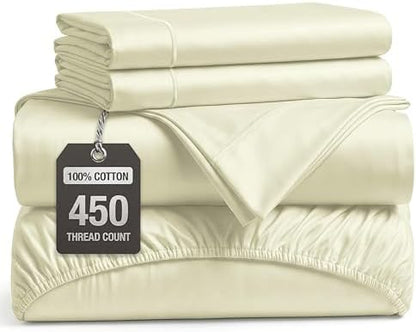 450TC 100% Long-Staple Cotton Queen Sheet Set - Soft Sateen Weave, Ivory