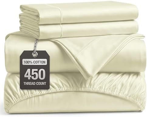 LANE LINEN 450TC Cotton Full Sheets - Silky Smooth Sateen Weave, Ivory