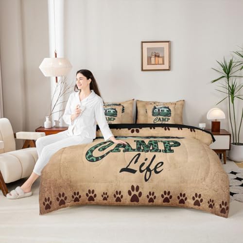 Happy Camping Bed In A Bag Twin Size Leopard Print Camper Comforter Set With Sheets For Kids Teens Adult Bedroom Decor Rustic Cabin Lodge 7 Piece Bedding Set Vintage Rv Farmhouse Bed Sets, Brown Green