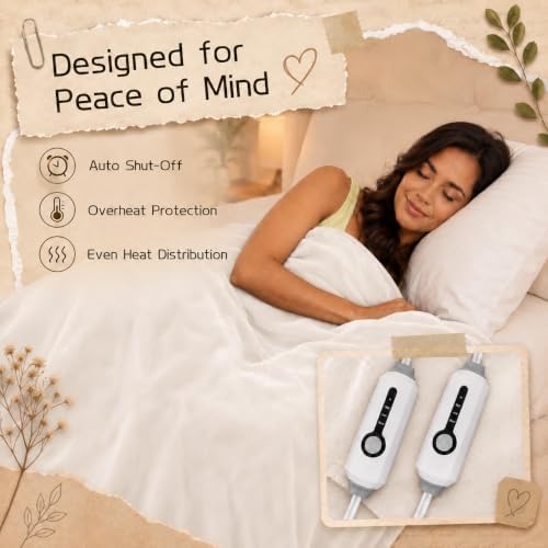 ReyyNio Electric Heated Blanket King Size 90"x100", Dual Controllers, Beige