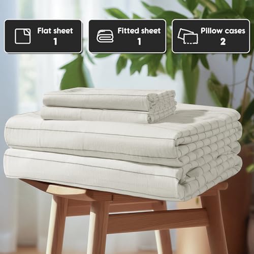 SONORO KATE 100% French Linen Queen Size Sheets Set,Natural Flax Bedding