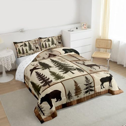 jejeloiu Bear Bedding Set Soft for Boys Girls, Deer Hunting Comforter Set Queen Size Wild Animal Duvet Quilt Microfiber Bedroom Decor 3 Pcs with 2 Pillow Cases