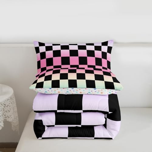 Multicolored Checkered Retro Comforter Set Queen Size Geometric Vintage Bedding Set for Kids Boys Girls Gradient Pink Green Duvet Quilt Modern Groovy Aesthetic Bedroom Decor 3 Pcs with 2 Pillow Cases