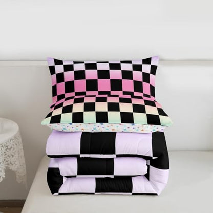Multicolored Checkered Retro Comforter Set Twin Size Geometric Vintage Bedding Set for Kids Boys Girls Gradient Pink Green Duvet Quilt Modern Groovy Aesthetic Bedroom Decor 2 Pcs with 1 Pillow Cases