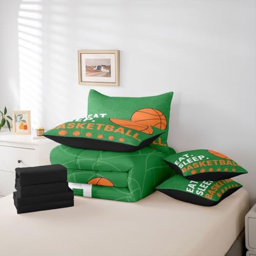 Erosebridal Orange Green Boys Basketball King 7-Piece Comforter Set | Sports Gaming Sheets and Pillowcases Ball Teens Men Bed in A Bag Kids Children Bed Sets