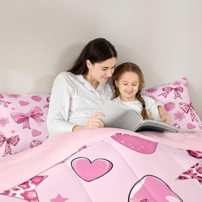 jejeloiu Bowknot Leopard Bedding Set Adults Girls Comforter Set Full Size