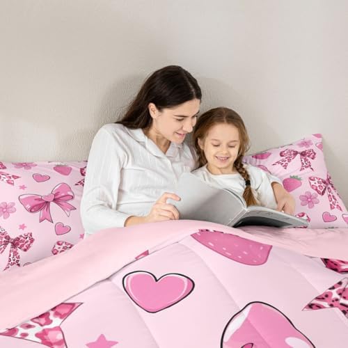 jejeloiu Bowknot Leopard Bedding Set Soft for Boys Girls, Pink Bow Comforter Set Toddler Size Strawberry Duvet Quilt Microfiber Cheetah Bedroom Decor 2 Pcs with 1 Pillow Cases