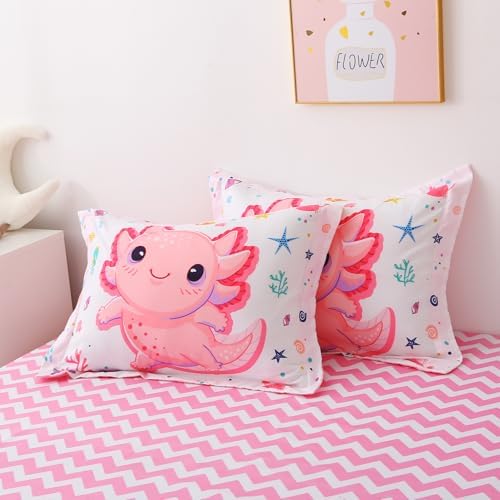 Girls Pink 7 Piece Axolotl Comforter Set for Kids Full Size Kawaii Axolotl Bedding for Teen 3D Animals Colorful Bed Set (Comforter,Flat Sheet,Fitted Sheet and Pillow Sham)