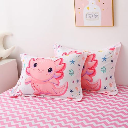 Girls Pink 7 Piece Axolotl Comforter Set for Kids Twin Size Kawaii Axolotl Bedding for Teen 3D Animals Colorful Bed Set (Comforter,Flat Sheet,Fitted Sheet and Pillow Sham)
