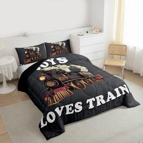 Feelyou Boys Vintage Train Comforter Set Queen Size Retro Steam Engine Bedding Set Kids Teens Railway Track Vehicle Locomotive Transport Duvet Quilt Room Decor