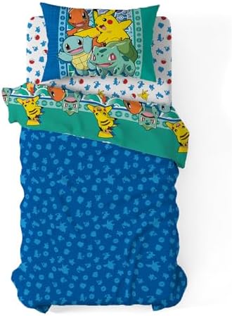 Northwest Pokemon First Starters Twin Size Bed in a Bag Set, Pikachu Charmander Squirtle Bulbasaur, Kids Boys Girls Bedding Comforter Sheets