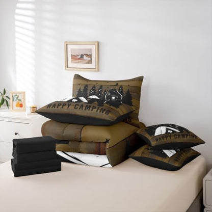 Erosebridal Happy Camping 7 Pieces Bedding Set King Size,Camping Lover Bed in a Bag,Cabin Funny Bear Bed Set Includes Comforter,Sheet Set,Pillowcases & Pillow Covers,Brown Wooden Plank Bedroom Decor