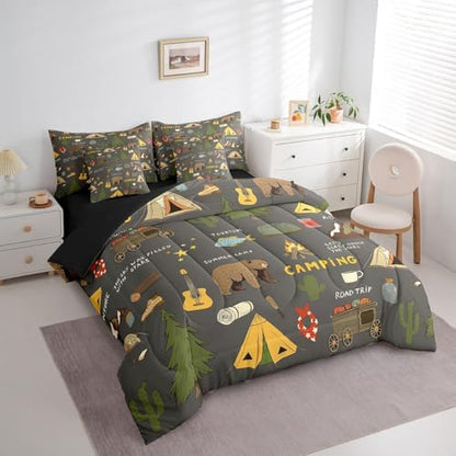 Erosebridal Happy Camping 7 Piece Comforter Set Queen Bed in a Bag for Kids,Hunting Bear and Pike Fish Bedding,Camper Accessories Sheet Set,Travel Car Hiking Theme Guitar Camera Duvet Insert,Black