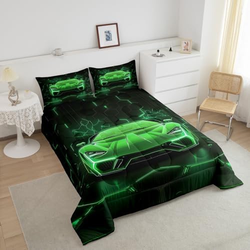 Feelyou Kids Race Car Bedding Set Twin Size,Green Neon Lights Extreme Sports Car Comforter Set,Boys Bedroom Room Decor,Geometric Hexagon Racing Car Comforter,Cool Car Bed Set for All Season