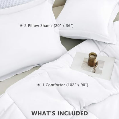 CozyLux King Size Comforter Set, 3-Piece Box-Stitched, White