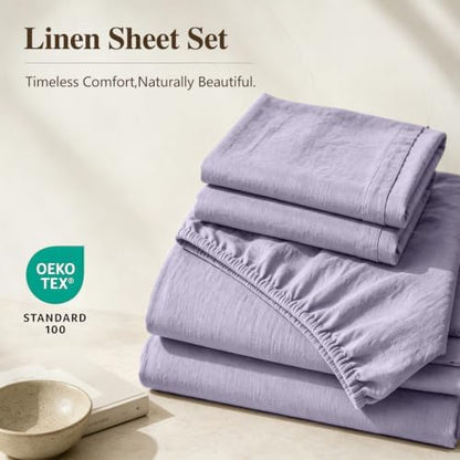 MEISHANG 100% French Linen Sheets Queen,4 Pcs,16" Deep Pocket