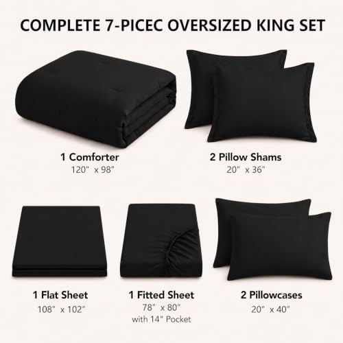 HIMEET Oversized King Comforter Sets, 7-Piece Point-Quilted, Black