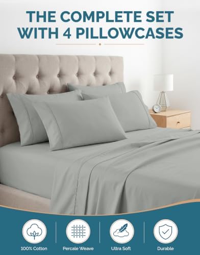 Casa Platino Bed Sheets Cal King – 100% Cotton Cal King Size Bed Sheet Set with 4 Pillowcases, Cool and Soft Percale Fabric, All-Season Comfort, Ultra Soft with 15" Deep Pocket Fitted Sheet – Grey