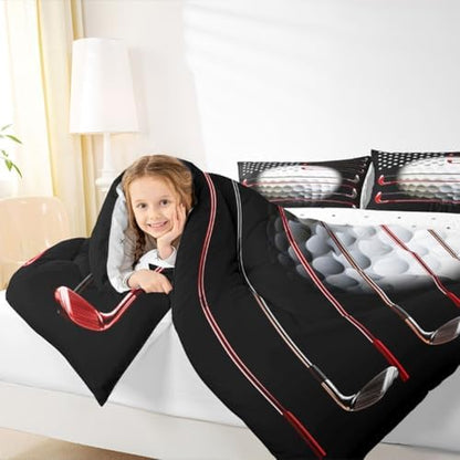 American Flag Bedding Golf Shape Pattern Quilt Comforter Set - Queen Size, Sports Games Stars Stripes Bedding With 2 Pillow Cases, Home Decor - Black & Red