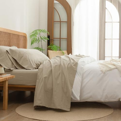 BESTOUCH Full Washed Cotton Linen Feel Sheet Set 4 Pcs Almond Milk Grey