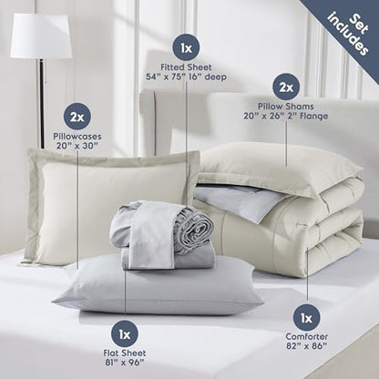 Nestl 9 Piece Full Comforter Set – Off White Reversible Bed in a Bag – Complete Full Size Bedding Set with Sheets, Set of 2 Cooling Pillows, Pillowcases and Shams