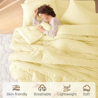 MUXHOMO 7 Pieces Queen Comforter Set, Seersucker Bed in a Bag Queen Size, All Season Luxury Bedding Set with Comforter, Flat Sheet, Fitted Sheet, Pillowcases & Shams, Yellow