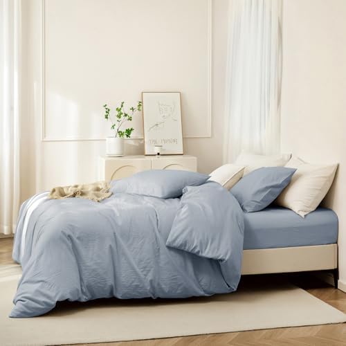 JIYUAN California King Washed Cotton Duvet Cover Set, Relaxed Linen Feel