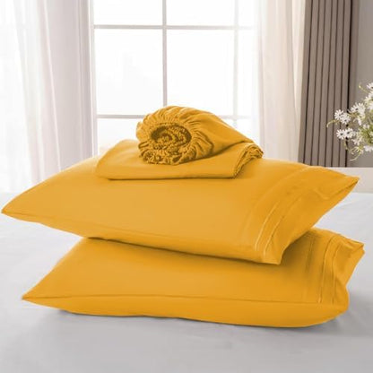 ROSE&RISY Lemon Yellow Queen Sheet Set, 4 Pcs Soft Bedding Sheet Set, Breathable and Cooling Sheet Bed Set, Includes 1 Fitted Sheet, 1 Flat Sheet, 2 Pillowcases - Deep Pocket (Lemon Yellow, Queen)
