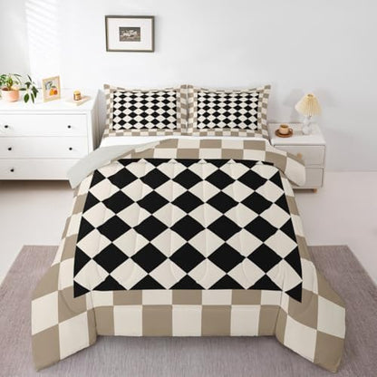 Checkered Kids Comforter Set Full Size Beige Brown Plaid Bedding Set Geometric Groovy Aesthetic Duvet Quilt for Kids Boys Girls Bedroom Reversible Grey Decor