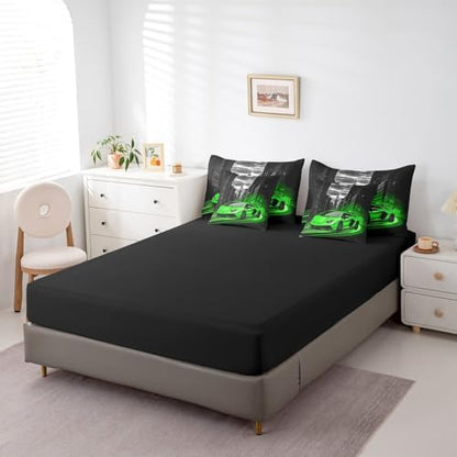 Feelyou Green Race Car Comforter Set with Sheets Twin Size Kids Speed Sports Car 7 Pieces Bedding Set for Boys Girls Teens Racing Car Bed in a Bag Extreme Sports Street Bed Set Gothic Modern City